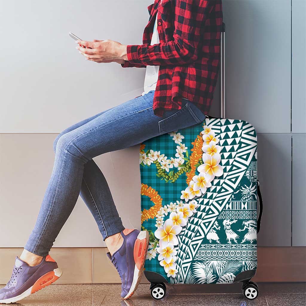 Hawaiian Plumeria Lei Luggage Cover Kakau Motifs and Palaka Half Style Turquoise Color LT03 - Polynesian Pride