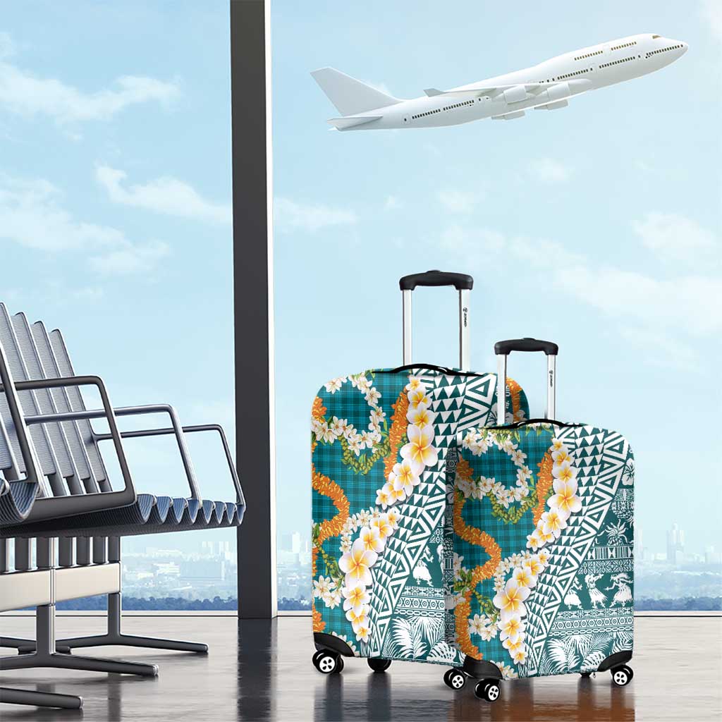 Hawaiian Plumeria Lei Luggage Cover Kakau Motifs and Palaka Half Style Turquoise Color LT03 - Polynesian Pride