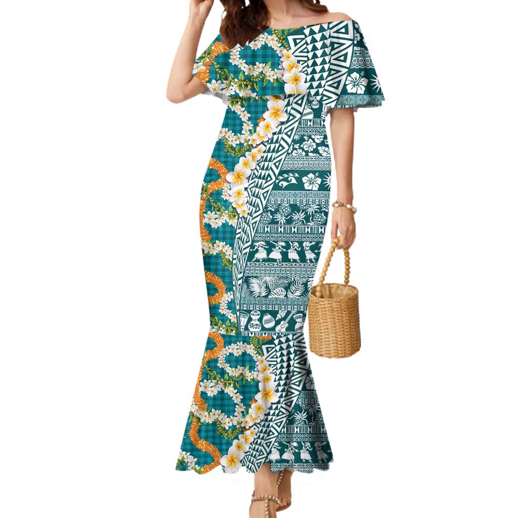 Hawaiian Plumeria Lei Mermaid Dress Kakau Motifs and Palaka Half Style Turquoise Color LT03 Women Turquoise - Polynesian Pride