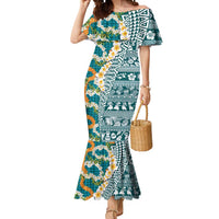 Hawaiian Plumeria Lei Mermaid Dress Kakau Motifs and Palaka Half Style Turquoise Color LT03 Women Turquoise - Polynesian Pride