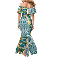 Hawaiian Plumeria Lei Mermaid Dress Kakau Motifs and Palaka Half Style Turquoise Color LT03 - Polynesian Pride