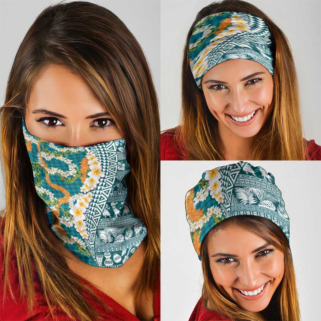 Hawaiian Plumeria Lei Neck Gaiter Kakau Motifs and Palaka Half Style Turquoise Color LT03 - Polynesian Pride
