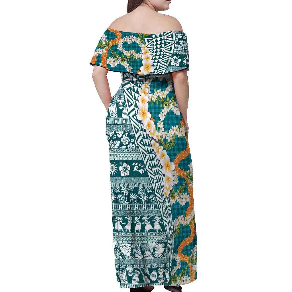 Hawaiian Plumeria Lei Off Shoulder Maxi Dress Kakau Motifs and Palaka Half Style Turquoise Color LT03 - Polynesian Pride
