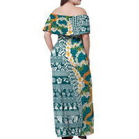 Hawaiian Plumeria Lei Off Shoulder Maxi Dress Kakau Motifs and Palaka Half Style Turquoise Color LT03 - Polynesian Pride