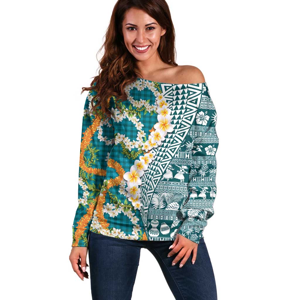 Hawaiian Plumeria Lei Off Shoulder Sweater Kakau Motifs and Palaka Half Style Turquoise Color LT03 Women Turquoise - Polynesian Pride
