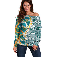 Hawaiian Plumeria Lei Off Shoulder Sweater Kakau Motifs and Palaka Half Style Turquoise Color LT03 Women Turquoise - Polynesian Pride