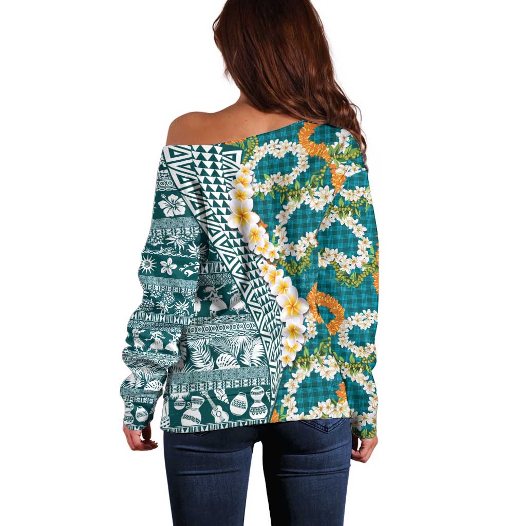 Hawaiian Plumeria Lei Off Shoulder Sweater Kakau Motifs and Palaka Half Style Turquoise Color LT03 - Polynesian Pride