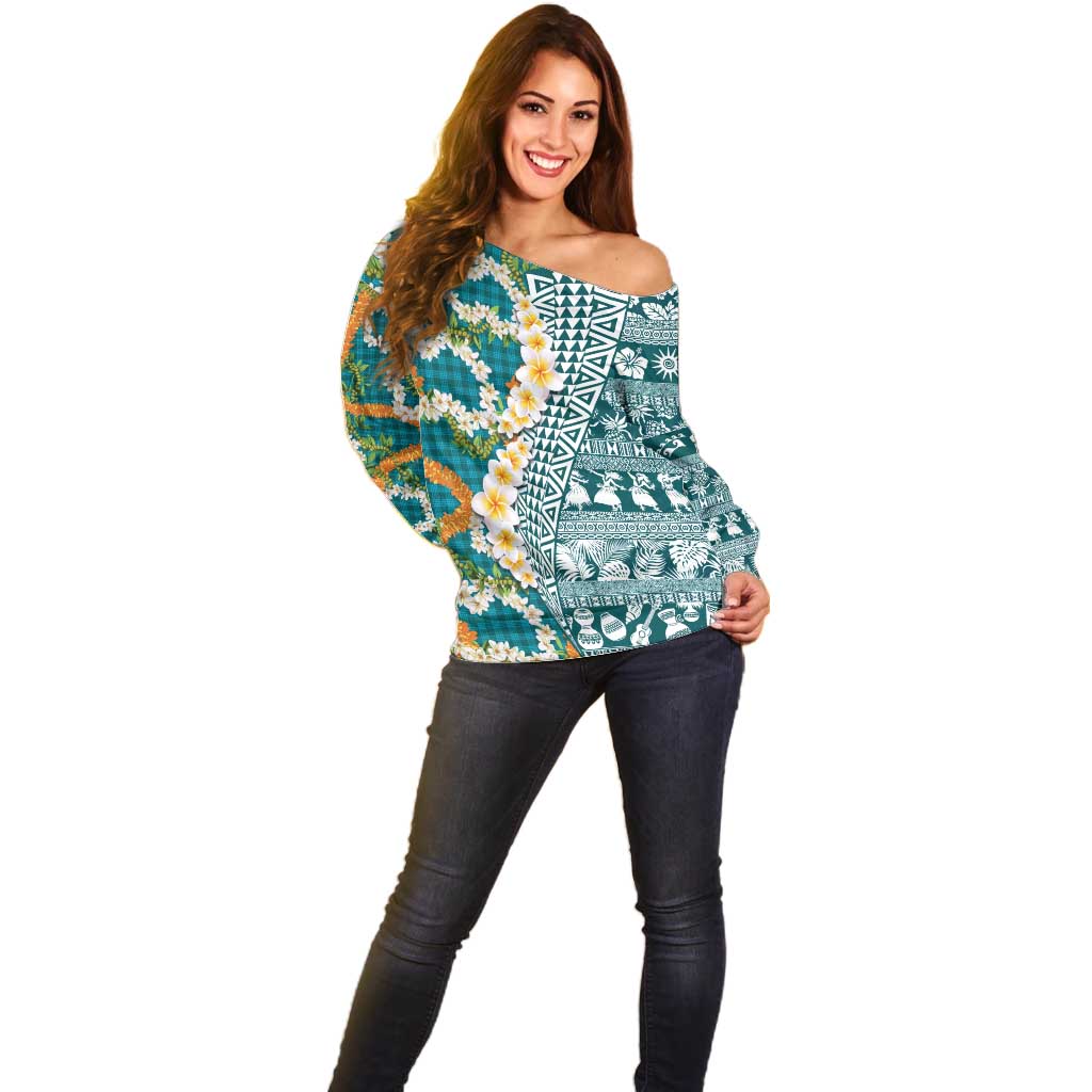 Hawaiian Plumeria Lei Off Shoulder Sweater Kakau Motifs and Palaka Half Style Turquoise Color LT03 - Polynesian Pride