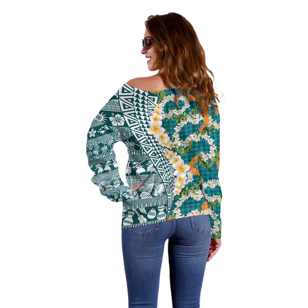 Hawaiian Plumeria Lei Off Shoulder Sweater Kakau Motifs and Palaka Half Style Turquoise Color LT03 - Polynesian Pride