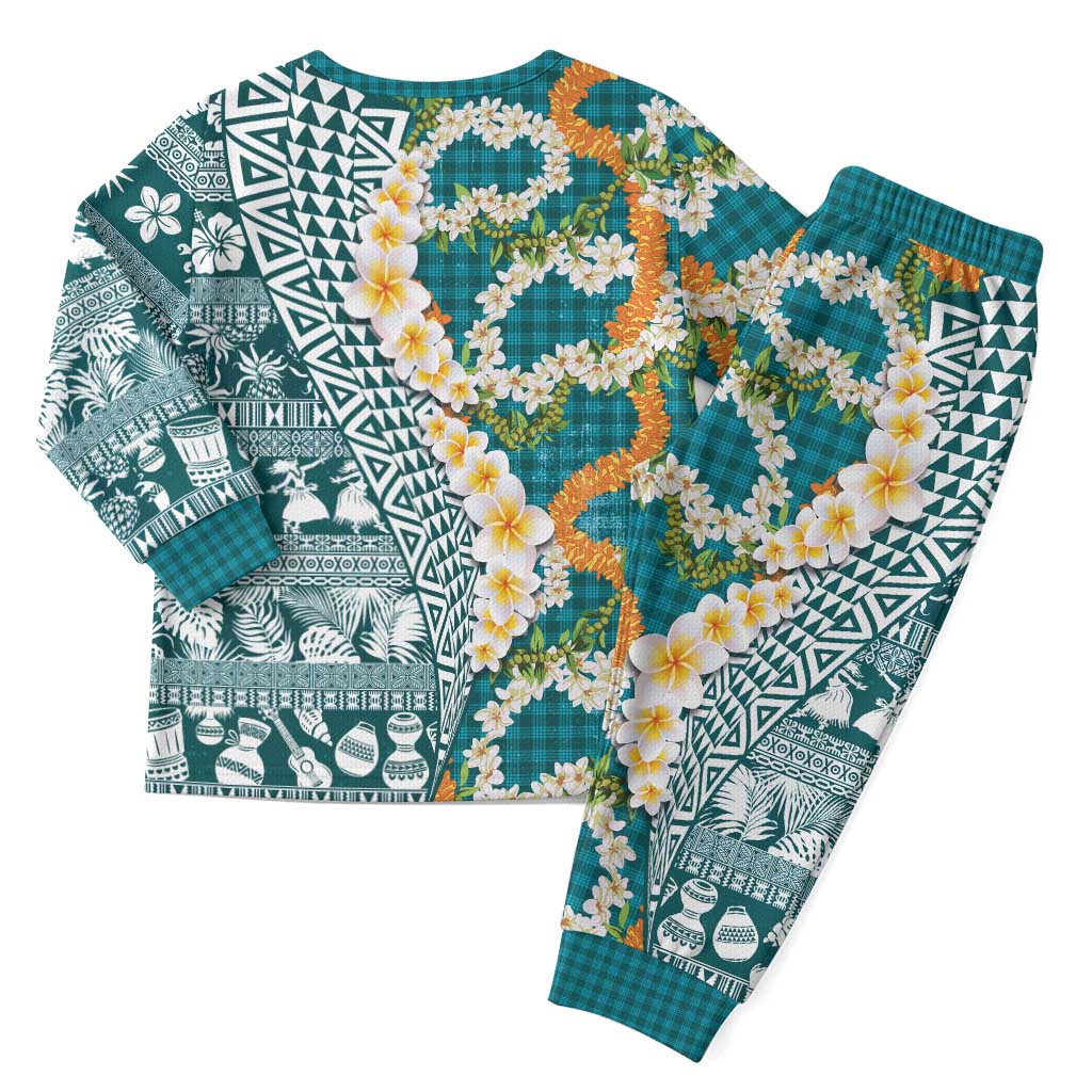Hawaiian Plumeria Lei Christmas Pajama Set Kakau Motifs and Palaka Half Style Turquoise Color LT03 - Polynesian Pride
