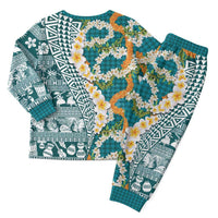 Hawaiian Plumeria Lei Christmas Pajama Set Kakau Motifs and Palaka Half Style Turquoise Color LT03 - Polynesian Pride
