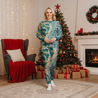 Hawaiian Plumeria Lei Christmas Pajama Set Kakau Motifs and Palaka Half Style Turquoise Color LT03 Women Turquoise - Polynesian Pride