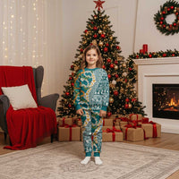 Hawaiian Plumeria Lei Christmas Pajama Set Kakau Motifs and Palaka Half Style Turquoise Color LT03 Kid Turquoise - Polynesian Pride