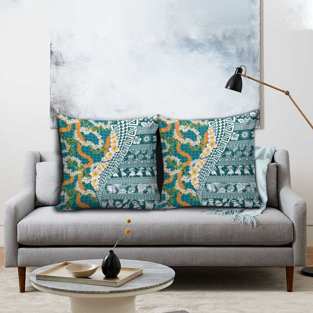 Hawaiian Plumeria Lei Pillow Cover Kakau Motifs and Palaka Half Style Turquoise Color LT03 - Polynesian Pride