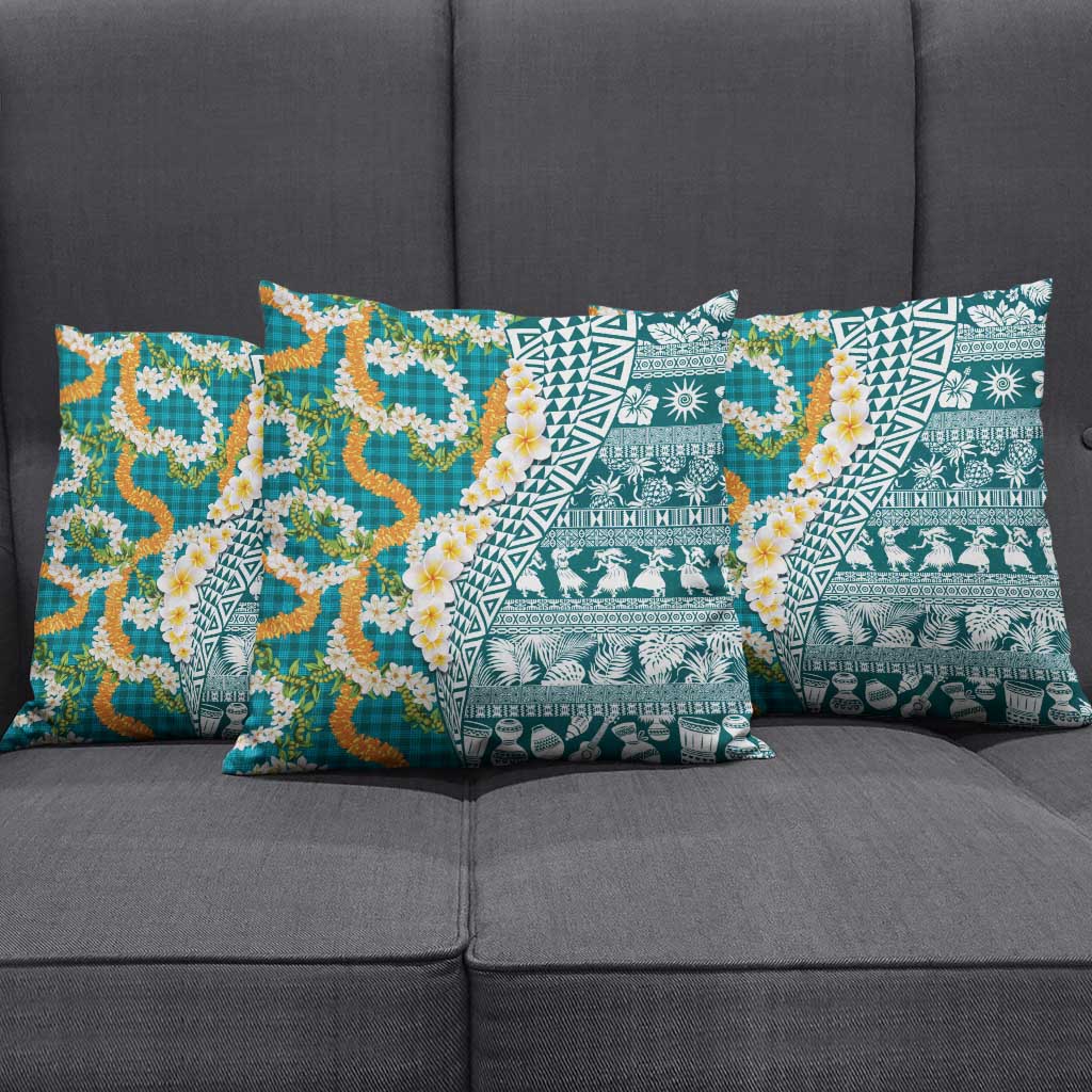 Hawaiian Plumeria Lei Pillow Cover Kakau Motifs and Palaka Half Style Turquoise Color LT03 - Polynesian Pride