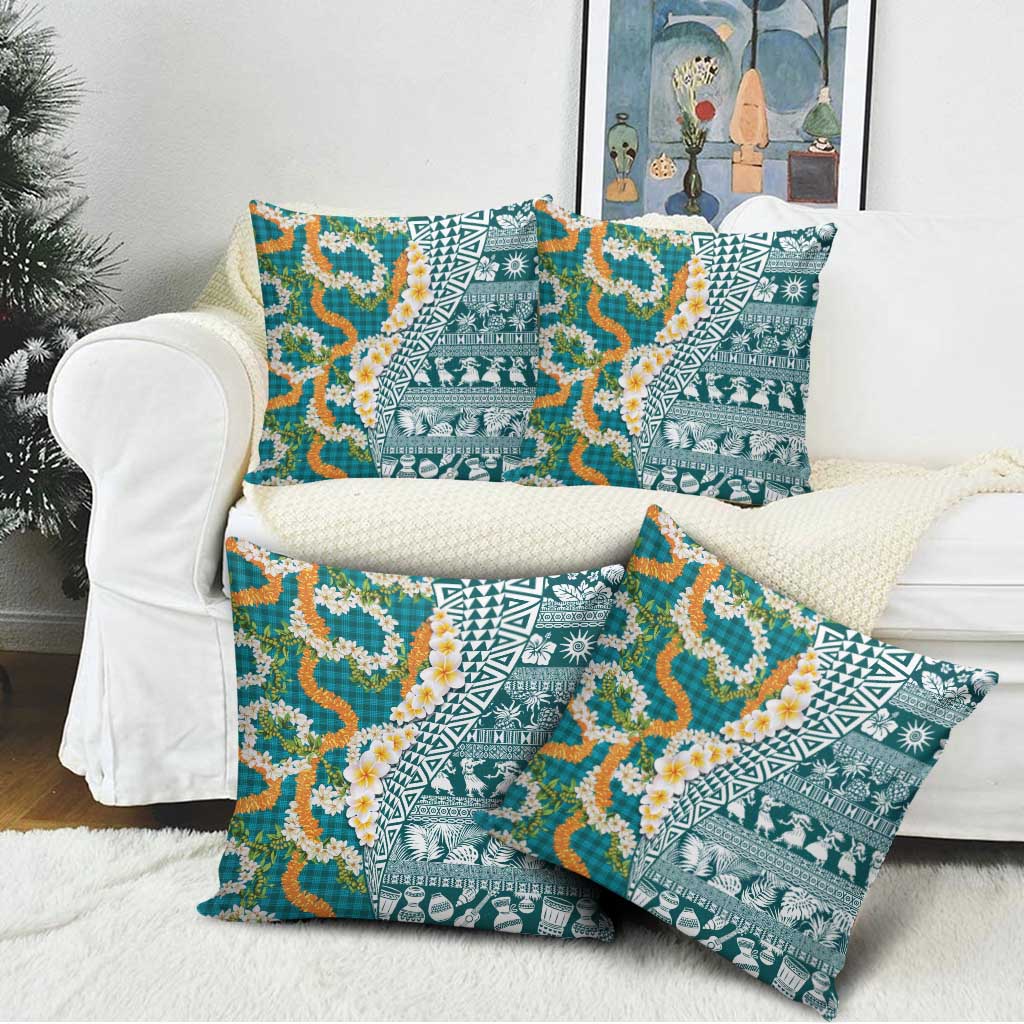 Hawaiian Plumeria Lei Pillow Cover Kakau Motifs and Palaka Half Style Turquoise Color LT03 - Polynesian Pride
