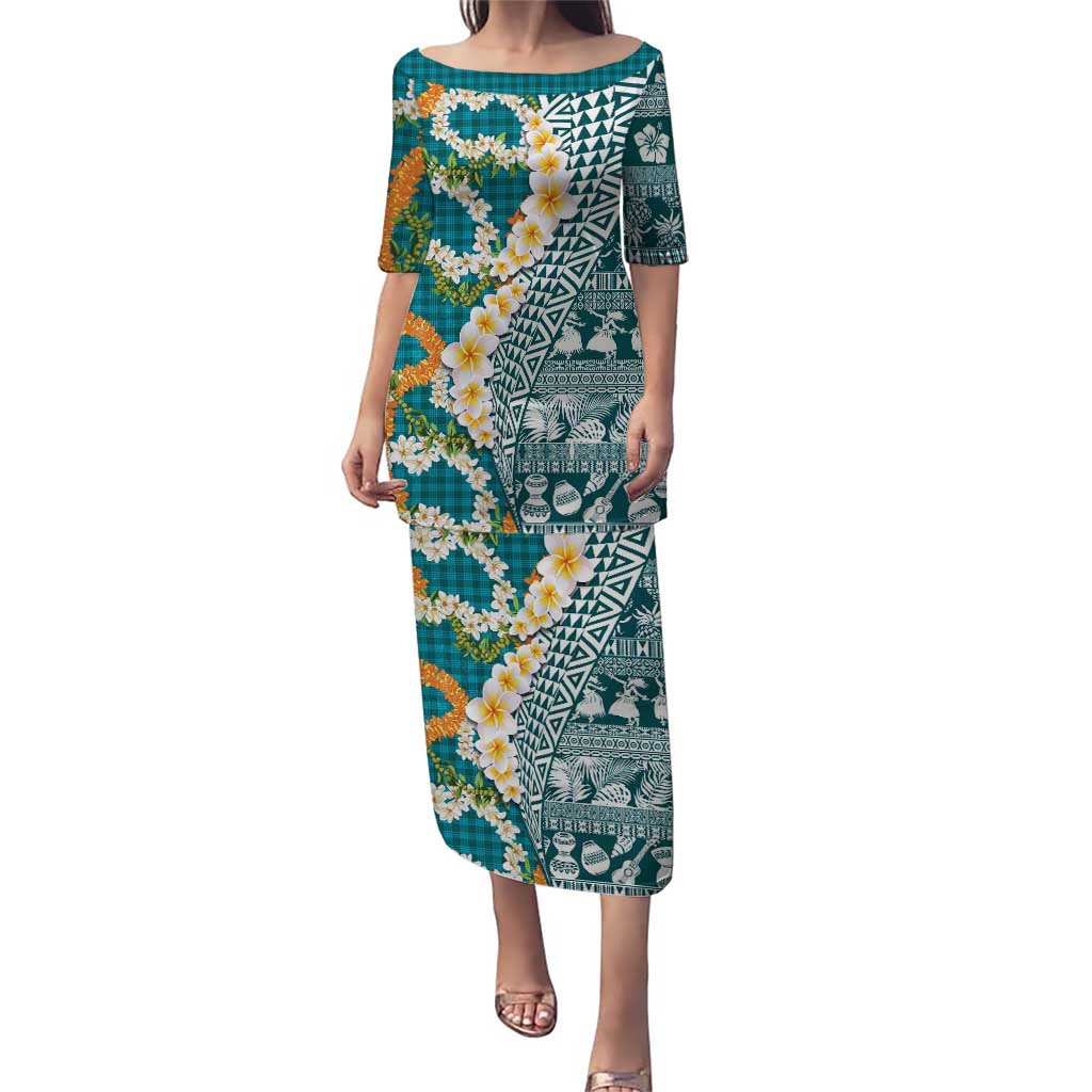 Hawaiian Plumeria Lei Puletasi Kakau Motifs and Palaka Half Style Turquoise Color LT03 Long Dress Turquoise - Polynesian Pride
