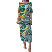 Hawaiian Plumeria Lei Puletasi Kakau Motifs and Palaka Half Style Turquoise Color LT03 Long Dress Turquoise - Polynesian Pride