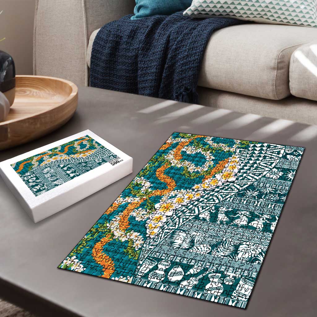 Hawaiian Plumeria Lei Puzzle Kakau Motifs and Palaka Half Style Turquoise Color - Polynesian Pride