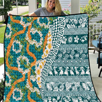 Hawaiian Plumeria Lei Quilt Kakau Motifs and Palaka Half Style Turquoise Color LT03 Turquoise - Polynesian Pride