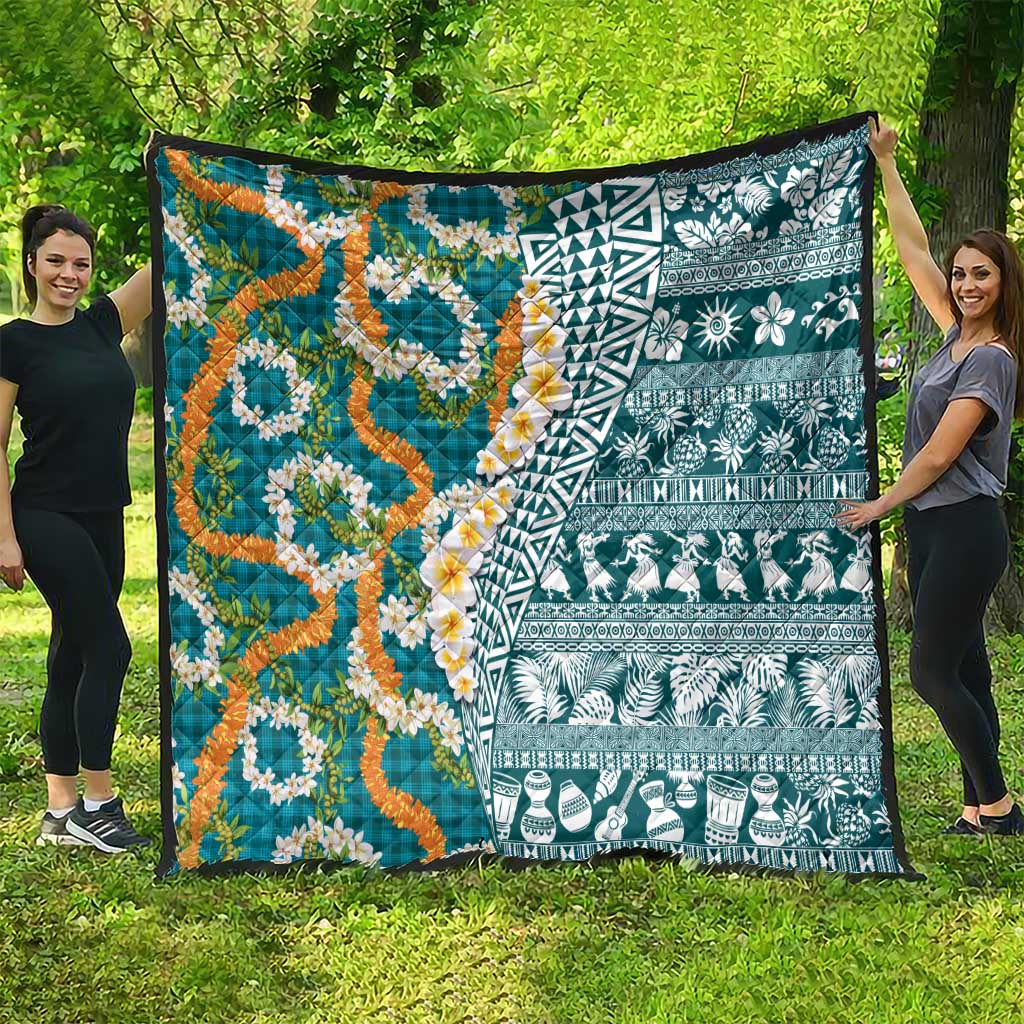 Hawaiian Plumeria Lei Quilt Kakau Motifs and Palaka Half Style Turquoise Color LT03 - Polynesian Pride