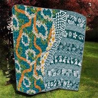 Hawaiian Plumeria Lei Quilt Kakau Motifs and Palaka Half Style Turquoise Color LT03 - Polynesian Pride