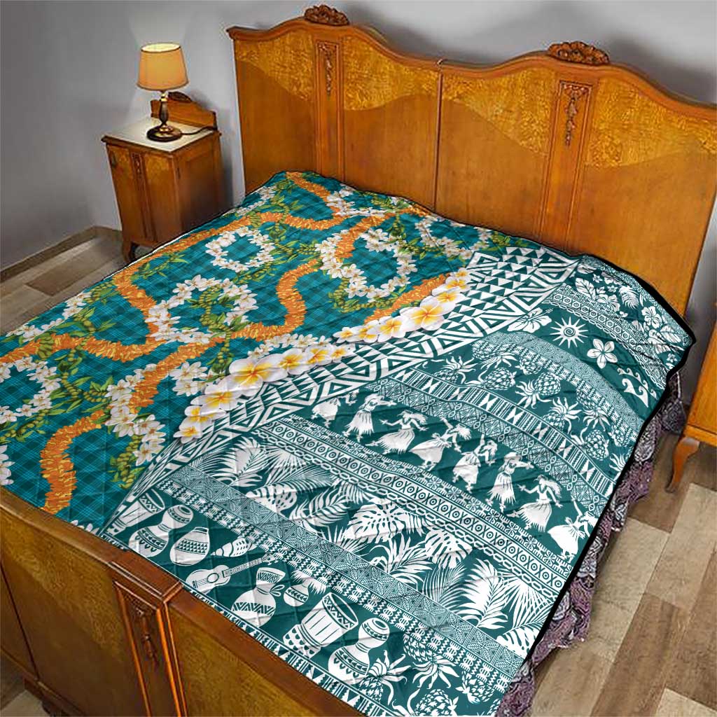 Hawaiian Plumeria Lei Quilt Kakau Motifs and Palaka Half Style Turquoise Color LT03 - Polynesian Pride