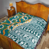 Hawaiian Plumeria Lei Quilt Kakau Motifs and Palaka Half Style Turquoise Color LT03 - Polynesian Pride