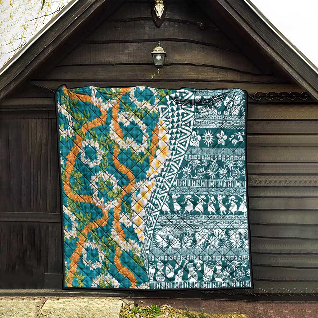 Hawaiian Plumeria Lei Quilt Kakau Motifs and Palaka Half Style Turquoise Color LT03 - Polynesian Pride