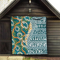 Hawaiian Plumeria Lei Quilt Kakau Motifs and Palaka Half Style Turquoise Color LT03 - Polynesian Pride