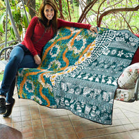 Hawaiian Plumeria Lei Quilt Kakau Motifs and Palaka Half Style Turquoise Color LT03 - Polynesian Pride