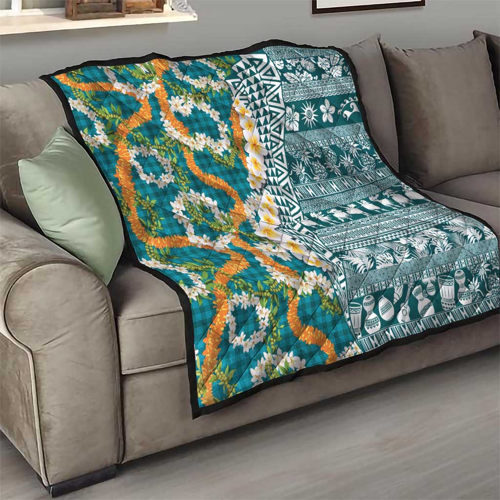 Hawaiian Plumeria Lei Quilt Kakau Motifs and Palaka Half Style Turquoise Color LT03 - Polynesian Pride