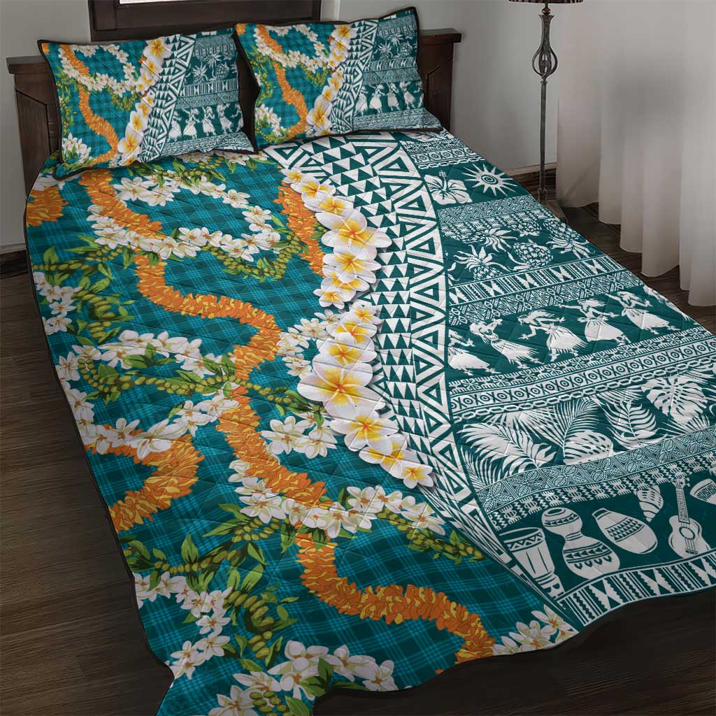 Hawaiian Plumeria Lei Quilt Bed Set Kakau Motifs and Palaka Half Style Turquoise Color LT03 Turquoise - Polynesian Pride