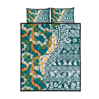 Hawaiian Plumeria Lei Quilt Bed Set Kakau Motifs and Palaka Half Style Turquoise Color LT03 - Polynesian Pride