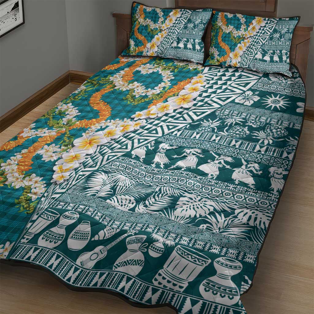 Hawaiian Plumeria Lei Quilt Bed Set Kakau Motifs and Palaka Half Style Turquoise Color LT03 - Polynesian Pride