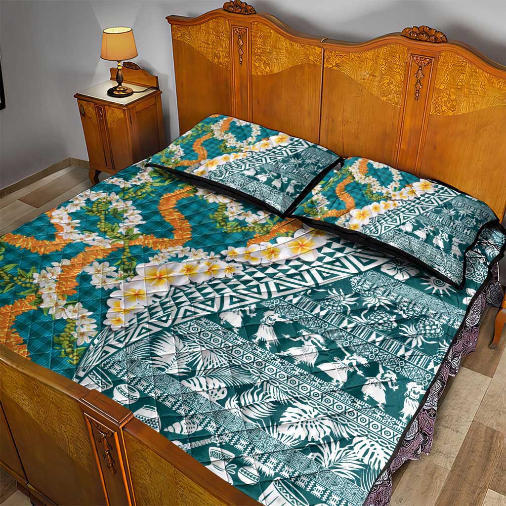 Hawaiian Plumeria Lei Quilt Bed Set Kakau Motifs and Palaka Half Style Turquoise Color LT03 - Polynesian Pride
