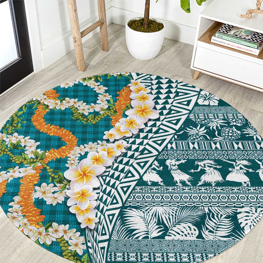 Hawaiian Plumeria Lei Round Carpet Kakau Motifs and Palaka Half Style Turquoise Color LT03 Turquoise - Polynesian Pride