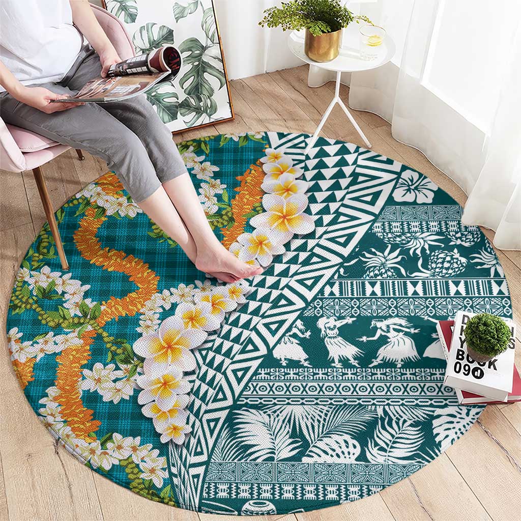 Hawaiian Plumeria Lei Round Carpet Kakau Motifs and Palaka Half Style Turquoise Color LT03 - Polynesian Pride