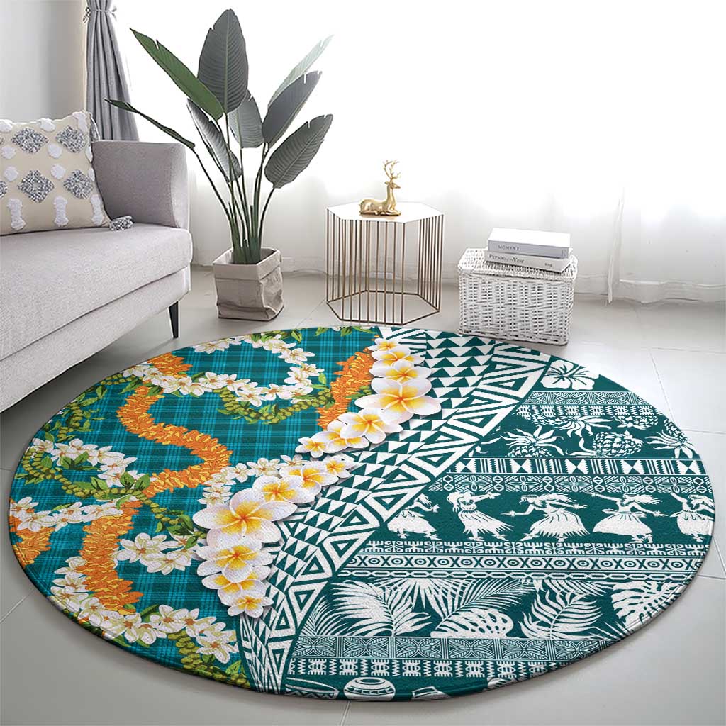Hawaiian Plumeria Lei Round Carpet Kakau Motifs and Palaka Half Style Turquoise Color LT03 - Polynesian Pride