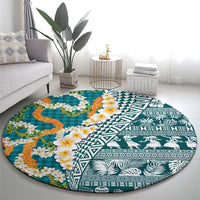 Hawaiian Plumeria Lei Round Carpet Kakau Motifs and Palaka Half Style Turquoise Color LT03 - Polynesian Pride