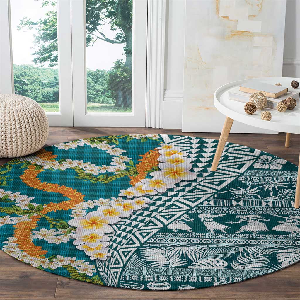 Hawaiian Plumeria Lei Round Carpet Kakau Motifs and Palaka Half Style Turquoise Color LT03 - Polynesian Pride