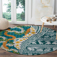 Hawaiian Plumeria Lei Round Carpet Kakau Motifs and Palaka Half Style Turquoise Color LT03 - Polynesian Pride