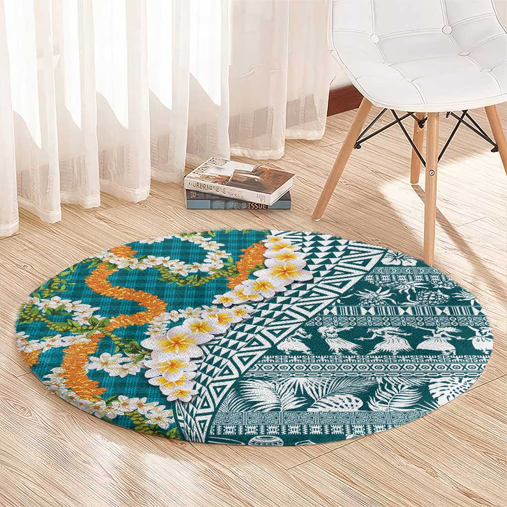 Hawaiian Plumeria Lei Round Carpet Kakau Motifs and Palaka Half Style Turquoise Color LT03 - Polynesian Pride