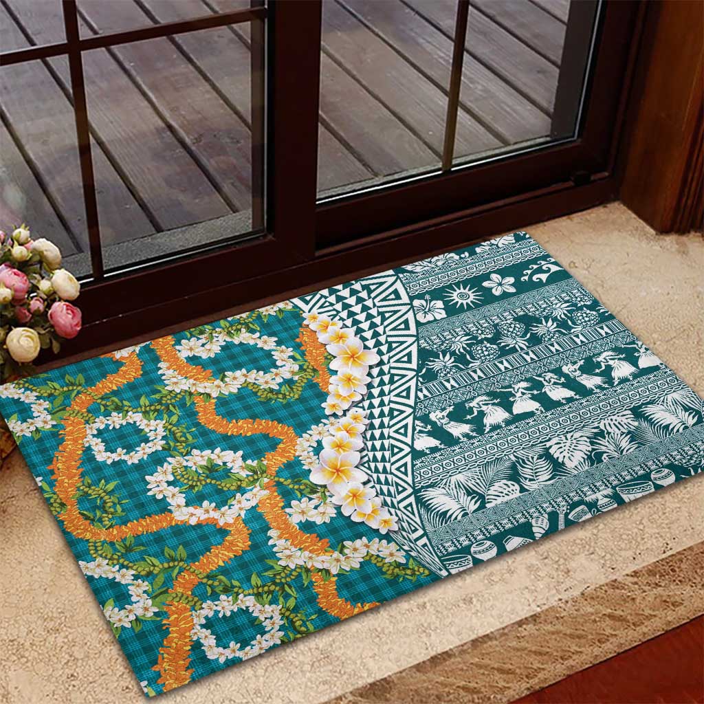 Hawaiian Plumeria Lei Rubber Doormat Kakau Motifs and Palaka Half Style Turquoise Color LT03 - Polynesian Pride