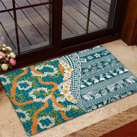 Hawaiian Plumeria Lei Rubber Doormat Kakau Motifs and Palaka Half Style Turquoise Color LT03 - Polynesian Pride