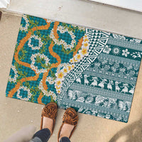 Hawaiian Plumeria Lei Rubber Doormat Kakau Motifs and Palaka Half Style Turquoise Color LT03 - Polynesian Pride