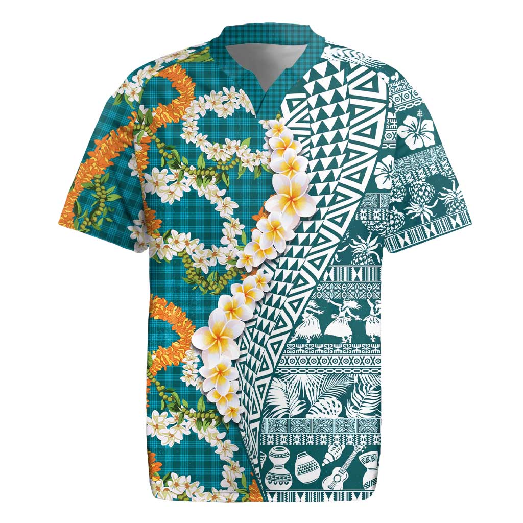 Hawaiian Plumeria Lei Rugby Jersey Kakau Motifs and Palaka Half Style Turquoise Color LT03 Turquoise - Polynesian Pride