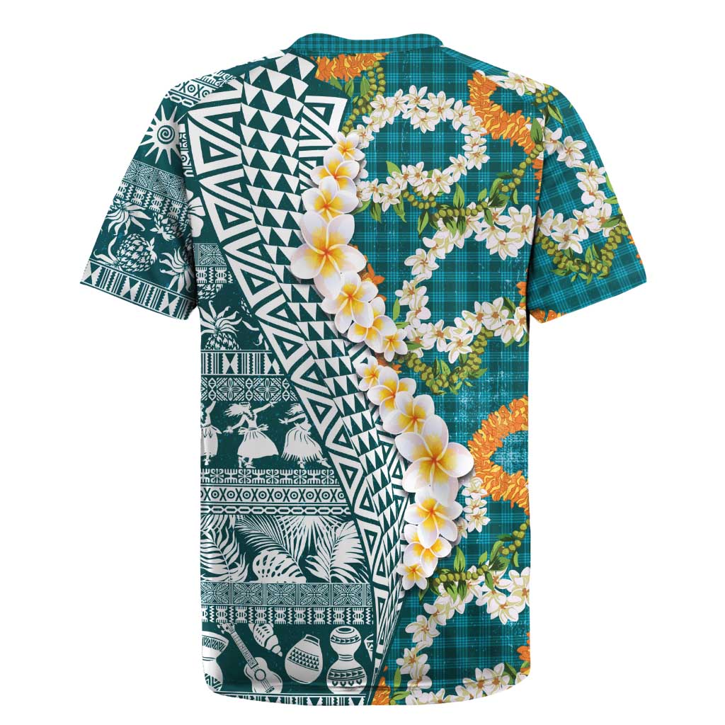 Hawaiian Plumeria Lei Rugby Jersey Kakau Motifs and Palaka Half Style Turquoise Color LT03 - Polynesian Pride