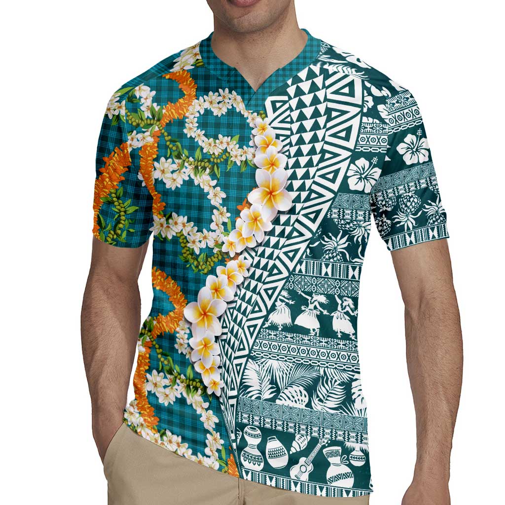 Hawaiian Plumeria Lei Rugby Jersey Kakau Motifs and Palaka Half Style Turquoise Color LT03 - Polynesian Pride