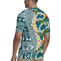 Hawaiian Plumeria Lei Rugby Jersey Kakau Motifs and Palaka Half Style Turquoise Color LT03 - Polynesian Pride